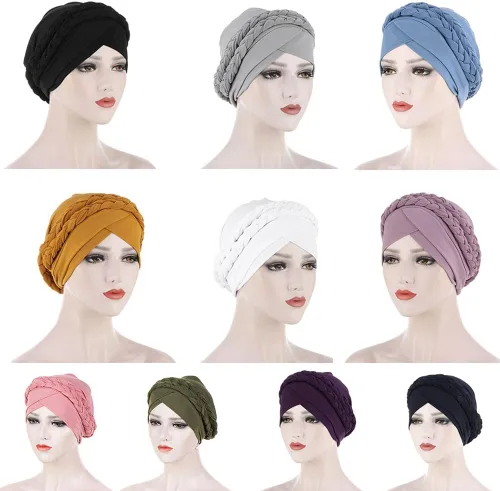 Vista 8 de Gorras de turbante africanas para mujer, gorro con torsión, preatado, doble trenza