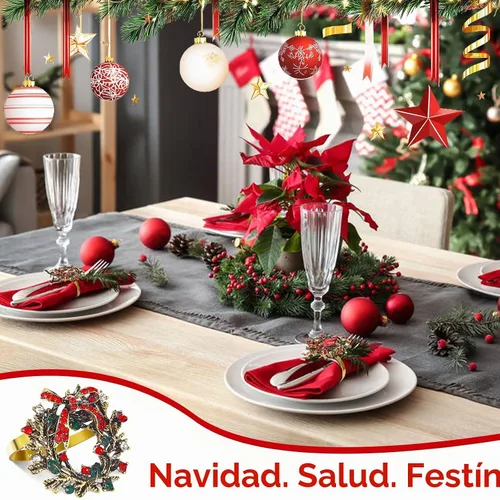 Vista 4 de ZeeDix Juego de 6 servilleteros de corona de Navidad, servilleteros de Navidad para servilletas de tela, servilleteros de Navidad para Acción