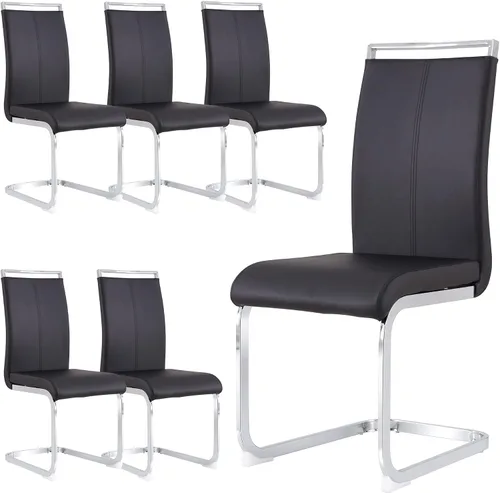 Vista 9 de gopop Juego de sillas de comedor, sillas modernas de metal con asiento acolchado de piel sintética, respaldo alto y patas cromadas resistentes, Negro