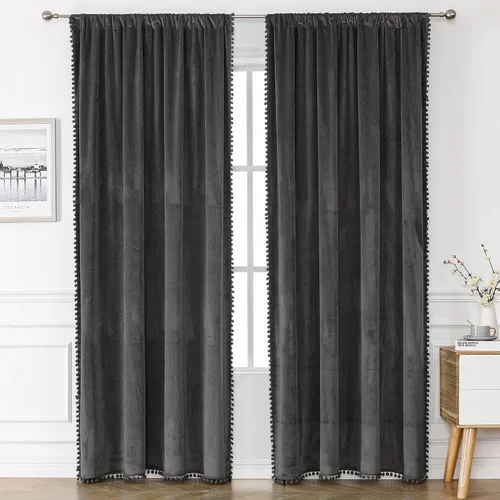 Vista 7 de Victree - Cortinas de terciopelo con pompón para dormitorio, cortinas opacas de 52 x 120 pulgadas de largo - Cortinas con bolsillo para barra que