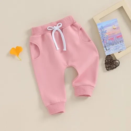 Vista 7 de Pantalones deportivos para bebé y niña, pantalones de harén sólidos, pantalones deportivos unisex con cordón en la cintura para otoño