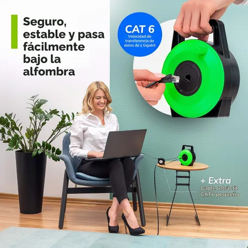 Vista 6 de Extensor de cable Ethernet CAT6 retráctil de 33 pies - Cable de red portátil plano con conectores RJ45 macho-hembra, velocidad de 1 Gbps, carrete