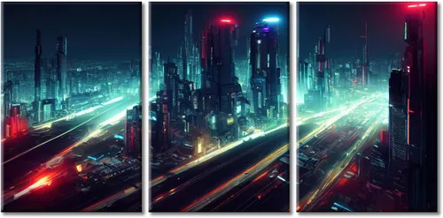 Vista 33 de Cuadros de 3 paneles de Cyberpunk City - Arte de pared de vallas publicitarias de edificios modernos en la capital con obras de arte modernas