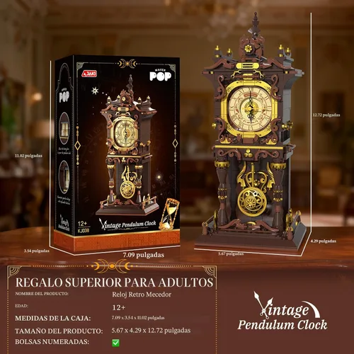 Vista 5 de Juego de bloques de construcción de reloj de péndulo vintage, péndulo móvil que funciona realmente y esfera giratoria, juguetes de bloques