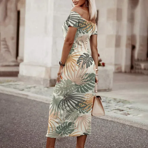 Vista 2 de Vestido largo para mujer, con hombros descubiertos, floral, para fiesta, con abertura, para verano, playa, hawaiano, tropical, elegante, vestido