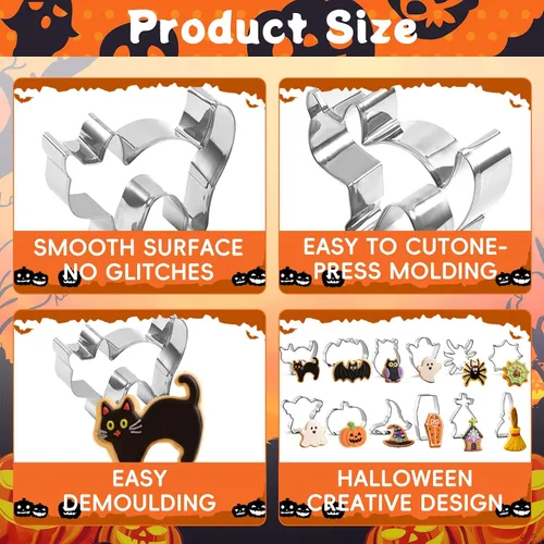 Vista 3 de Juego de 12 cortadores de galletas de Halloween, de acero inoxidable, lindo cortador de galletas, incluye calabaza, fantasma, bruja, zombi, cráneo