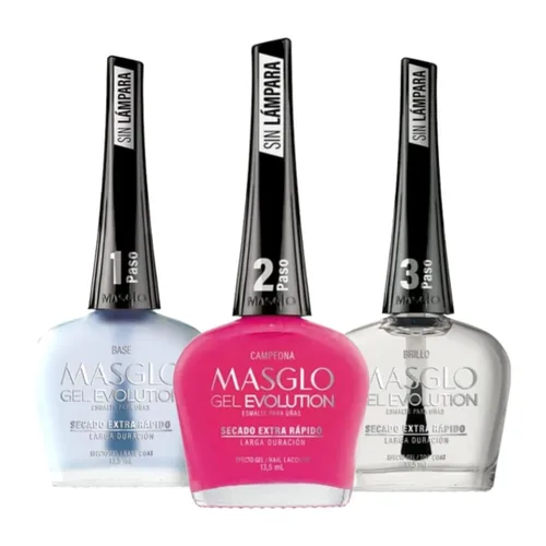 Vista 7 de MASGLO GEL EVOLUTION - Esmalte de uñas efecto gel, sin lámpara UV/Led, duración hasta 12 días, 3 unidades, base, Esmalte Frances, Brillo - Efecto