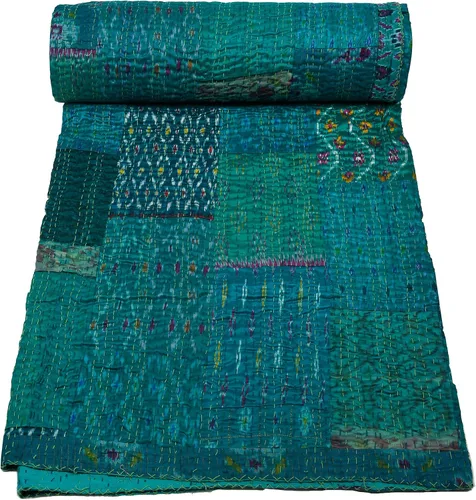 Vista 18 de Marubhumi Colcha india hecha a mano de seda india Sari Kantha acolchado patchwork (negro, individual (60 x 90 pulgadas)