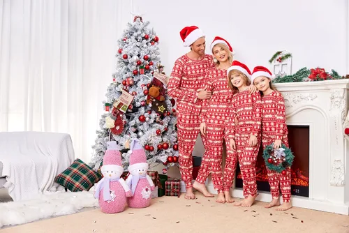Vista 2 de Ekouaer Conjunto de pijamas familiares de Navidad a juego de manga larga para parejas, pijamas navideñas para mujeres, hombres, niños y niñas