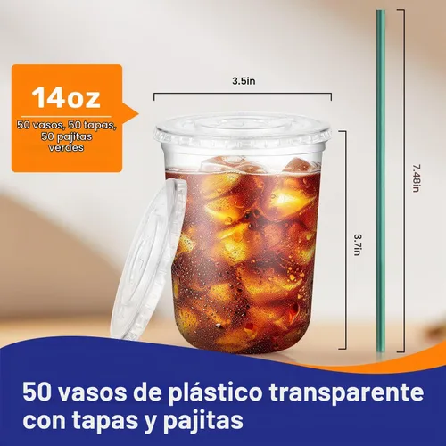Vista 3 de 50PCS 14 oz Clear Plastic Cups with Lids and Dark Green Straws Transparente