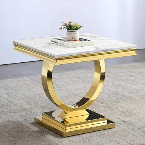 Vista 15 de Mesa de centro de 47 pulgadas de mármol negro con base en forma de U de acero inoxidable espejado, mesa central de parte superior rectangular