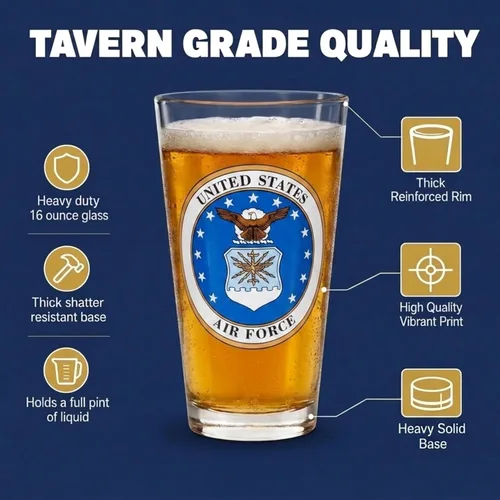 Vista 3 de Artisan Owl Vaso de pinta con emblema de la Fuerza Aérea de los Estados Unidos, con licencia oficial, 16 onzas, vidrio, fabricado en los Estados