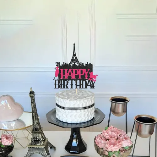 Vista 2 de Decoración para tartas de la Torre Eiffel de París de Feliz Cumpleaños para niñas y mujeres