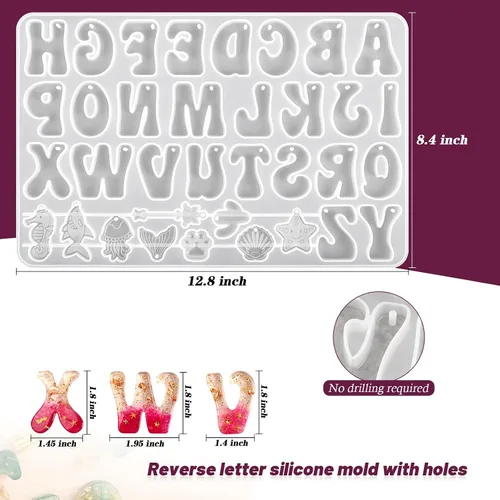 Vista 3 de Molde de resina de alfabeto Actvty, moldes de silicona de alfabeto invertido con agujeros para epoxi, moldes de letras para llaveros de joyería