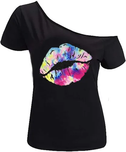 Vista 25 de MAGICMK - Camiseta casual para mujer, con estampado de labios y hombro descubierto, talla extragrande