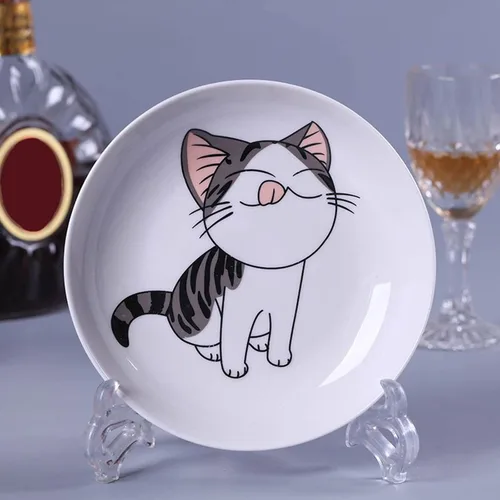 Vista 5 de Juego de 5 platos de cerámica con bonito diseño de gato, platos llanos grandes de porcelana para ensalada de postre de 7.28 pulgadas, platos