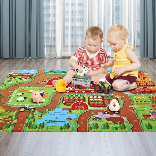 Vista 4 de Oriate Transportador de tractor de granja con animales de granja de dibujos animados y tapete de juego, paquete de 6 juguetes rociadores de baño