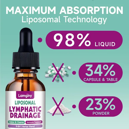 Vista 6 de Gotas de drenaje linfático liposomal, suplementos de drenaje linfático 9 en 1 para desintoxicación y limpieza, con equinácea, diente de león, saúco