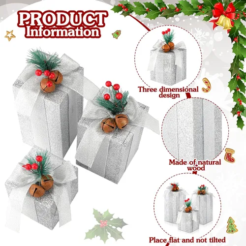 Vista 3 de Amyhill 3 piezas de madera rústica de Navidad, centros de mesa con purpurina plateada, bloques de imitación para mesa de bandeja escalonada