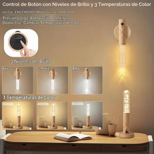 Vista 2 de Juego de dos apliques de pared que funcionan con pilas, luz nocturna con sensor de movimiento, aplique de pared recargable, luces de despegar