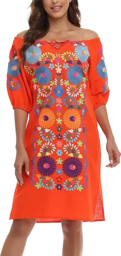 Vista 7 de YZXDORWJ Vestido bordado mexicano de manga corta para mujer