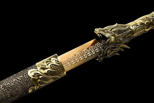 Vista 8 de Espada de hoja recta de acero al carbono hecha a mano con patrón genial, espada Dragón Tang Dao china Dorado