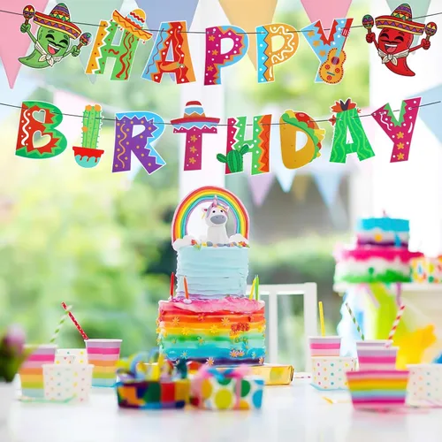 Vista 5 de Juego de 2 pancartas mexicanas de feliz cumpleaños, guirnalda de fiesta de cumpleaños, decoración de fondo para fiesta temática mexicana, fiesta