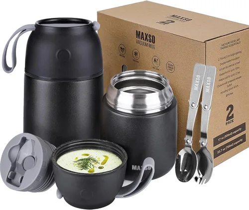 Vista 8 de MAXSO Paquete de 2 termos de sopa para alimentos fríos y calientes para niños y adultos, frascos de alimentos aislados al vacío, recipientes