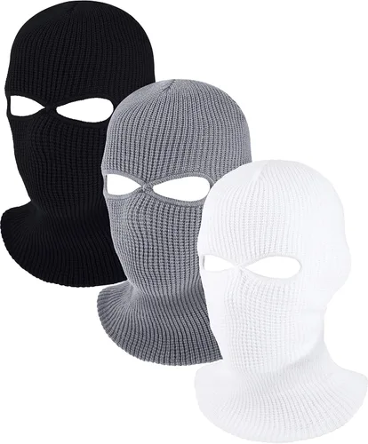 Vista 10 de Blulu Paquete de 3 máscaras de esquí con 2 agujeros, máscaras de invierno tejidas, pasamontañas cálidas y con protección contra el viento para Negro