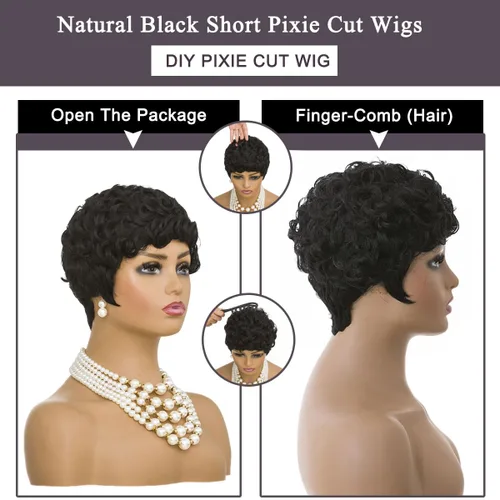 Vista 7 de MOONSHOW Pelucas cortas de corte Pixie para mujeres negras, pelucas cortas Pixie negras naturales para mujeres negras, peluca sintética rizada