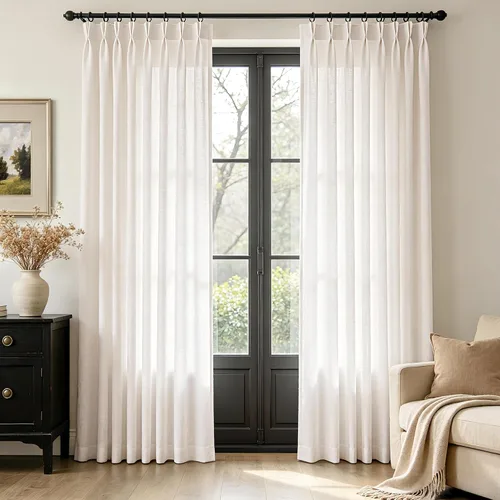 Vista 52 de Cortinas de lino de 63 pulgadas, juego de 2 paneles para sala de estar, beige natural, cortinas con pliegues pellizco entrenadas con memoria