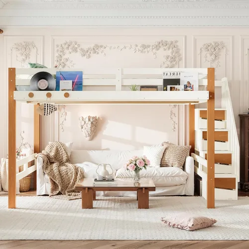 Vista 3 de Queen Loft Bed with Shelves and Clothes Hook, Space-Saving Wood Loft Bed Frame with Staircase and Ample Under-Bed Space, Beige & Natural