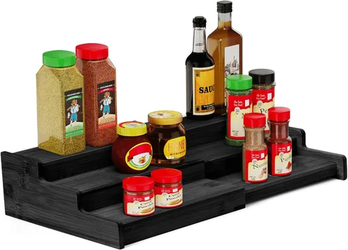 Vista 8 de VenDotbi Estante de especias, organizador de especias de bambú expandible de 3 niveles para gabinete, organizador de almacenamiento de cocina