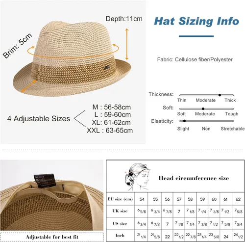 Vista 2 de Fancet Sombrero de Paja Pajarita Fedora Panamá Sol Verano Playa Sombrero Cubano Trilby Hombres Mujeres 21.7-24.0in