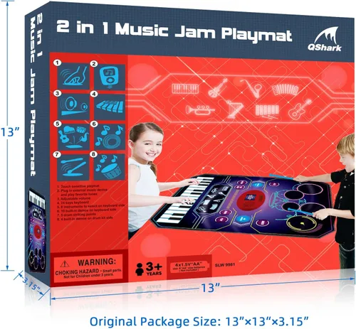 Vista 7 de Juguetes de aprendizaje musical 2 en 1 para niños y niñas, juego de batería + alfombrilla de piano Grabación y reproducción, canciones