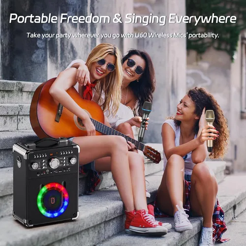 Vista 6 de JAUYXIAN Micrófonos inalámbricos U60, sistema de micrófono dual UHF con receptor recargable, micrófono de karaoke de metal para cantar, boda, DJ