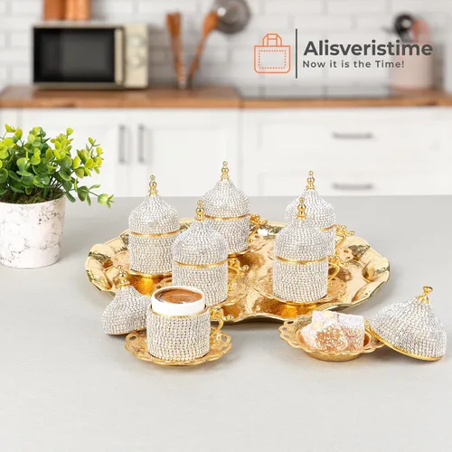 Vista 2 de Alisveristime Juego de café turco adornado con cristal, 27 piezas, tazas decorativas de Zamac para espresso, platillos y azucarero con bandeja