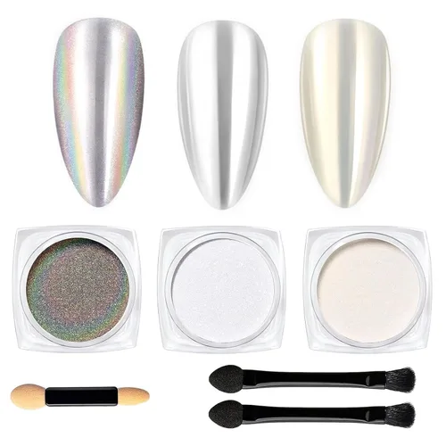 Vista 20 de Beetles Polvo de Uñas Cromado Blanco para Uñas de Gel, Polvo de Uñas Cromado Perlas, Polvo de Uñas con Efecto Espejo, Polvo de Uñas de Gel
