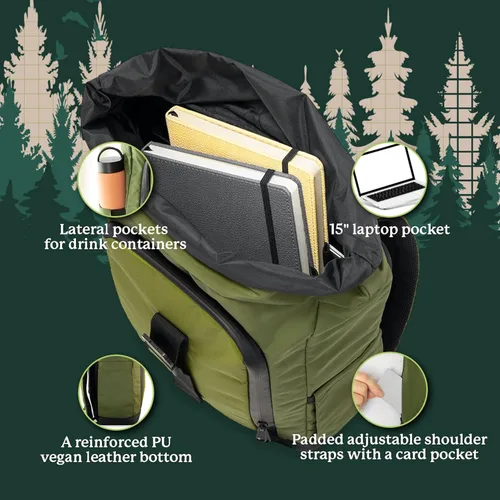 Vista 3 de Dingbats* - Mochila impermeable para laptop - Bolsa de viaje enrollable de 25L, Verde (Green Forest), Mochila