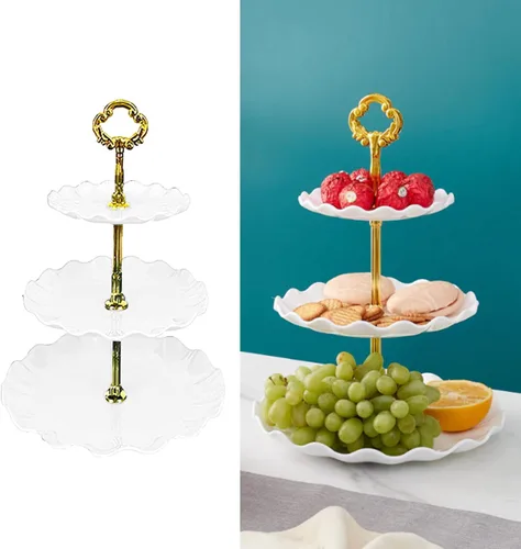 Vista 10 de Bandeja de plástico para platos de frutas de 3 capas, soporte para cupcakes, postres, para bodas, fiestas de té, cumpleaños, graduación, ducha