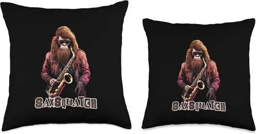 Vista 3 de Bigfoot Believer Squatch Yeti Special Tee Co Sasquatch Tee Funny Bigfoot Playing Saxophone Player Throw Pillow, 18x18, Multicolor