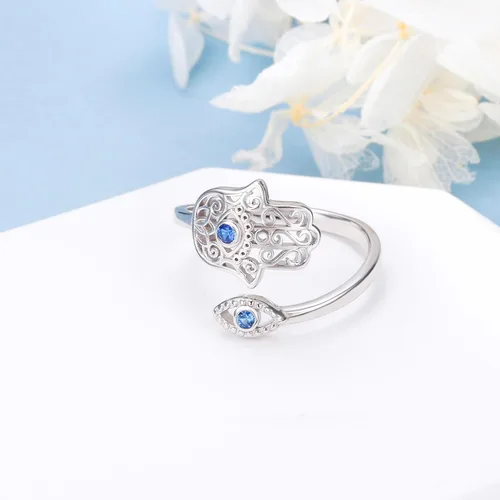 Vista 2 de Hamsa Hand of Fatima Lotus Evil EyeLove HeartButterflyRose Spoon Adjustable Open Rings 925 Sterling Silver Statement Ring Jewelry Gifts for Women