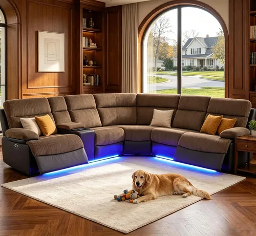 Vista 27 de Juego de sofá seccional reclinable de cuero, sofá seccional con 4 sillones reclinables Juegos de muebles de sala con 3 reclinables, luz LED
