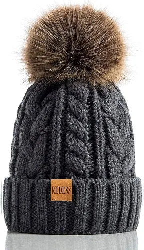 Vista 26 de Redess Gorro de invierno con pompón y forro polar cálido, grueso y holgado, tejido, para la nieve, para esquiar, para mujer Beige