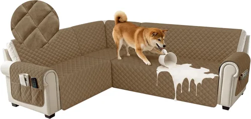 Vista 28 de Fundas impermeables para sofá seccional de esquina en forma de L, de terciopelo, juego de 6 piezas, funda en forma de U para sofá, para perros