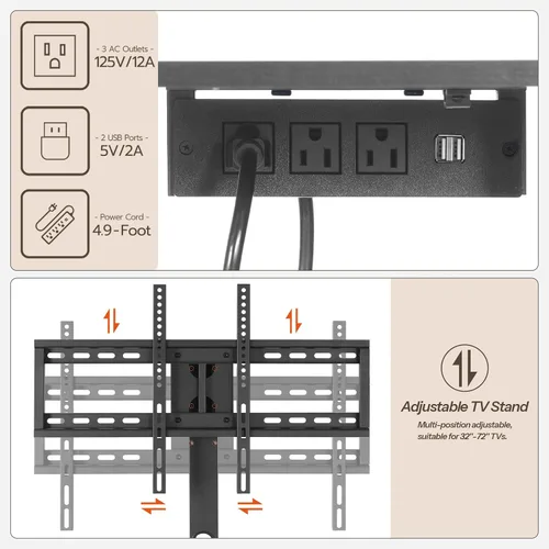 Vista 4 de HOOBRO Soporte de TV con soporte y toma de corriente, centro de entretenimiento LED con soporte giratorio para TV de 32/45/55/60/65/70/75 pulgadas