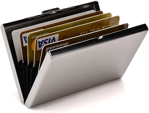 Vista 8 de Soporte para tarjetas de crédito con bloqueo RFID, billetera protectora de acero inoxidable para tarjetas de crédito, carteras de metal para mujeres