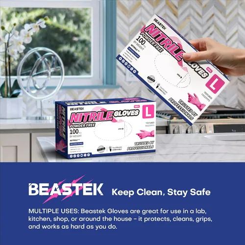 Vista 8 de Beastek Nitrile Disposable Exam Gloves, 4Mil 100Ct Powder-Free Latex-Free Food-Safe for Cooking Medical Esthetician, Hot Pink