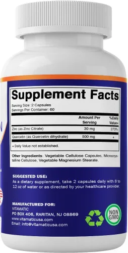 Vista 8 de Vitamatic Quercetina de zinc - 120 cápsulas vegetarianas - Citrato Zic 30 mg y quercetina 500 mg por porción - Apoyo inmunológico