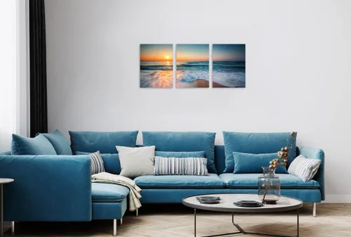Vista 4 de TutuBeer 3 paneles de fotos de playa, arte de pared, diseño de mar azul, playa blanca al amanecer, imágenes impresas en lienzo, imágenes del océano